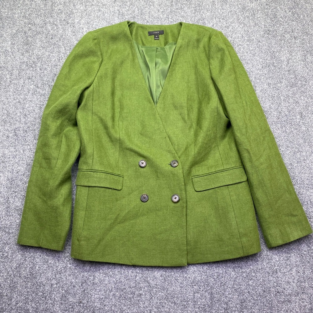 J.Crew Womens 12 Green 100% Linen Collarless Double Breasted Blazer J0987